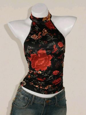 Top Y2K aberto nas costas - Estampa floral